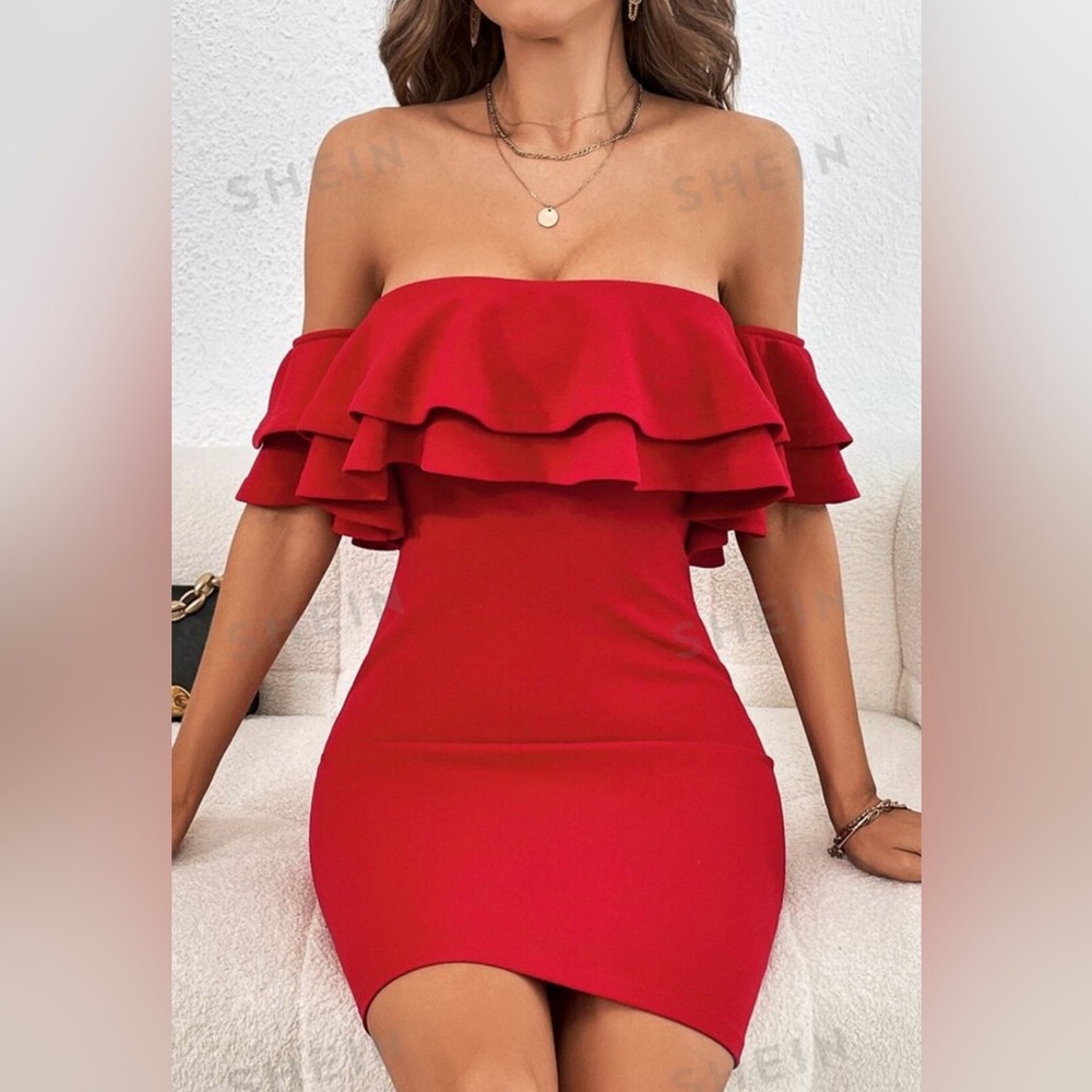 SHEIN Privé Off Shoulder Ruffle Trim Bodycon Dress.